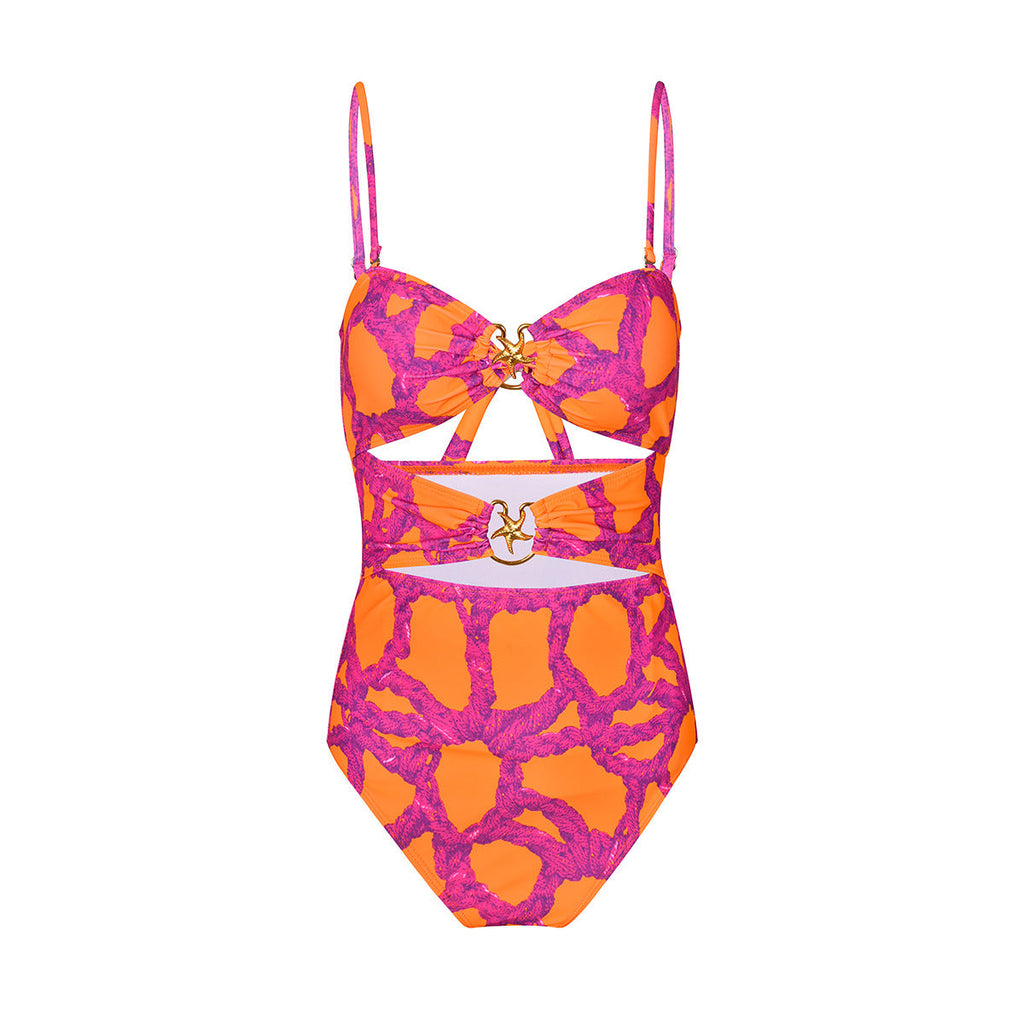 Maillot de bain une pièce ajouré avec découpes, bretelles, chemisier deux pièces imprimé pour femme