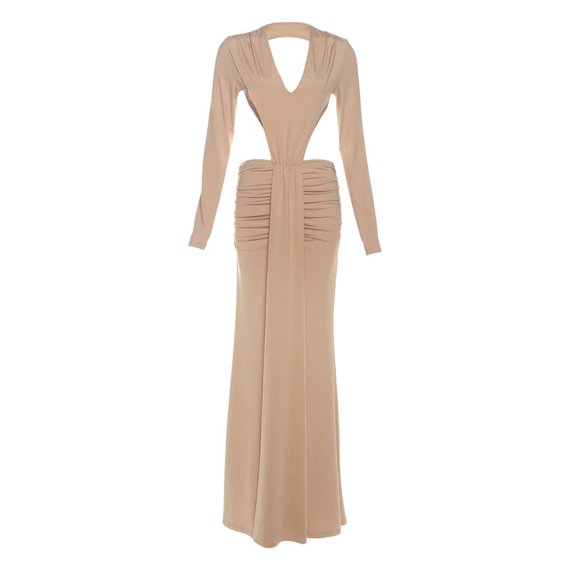 Herbst Damen Kleidung Einfarbig V-Ausschnitt Sexy Rückenloses Langarm Split Plissiertes Kleid