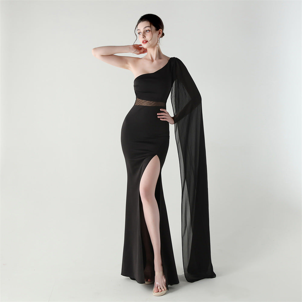 Einzelschulter-Crossbody-Kleid mit Netz-Design und Satinschleife, schmal geschnittenes Cocktailkleid/Abendkleid
