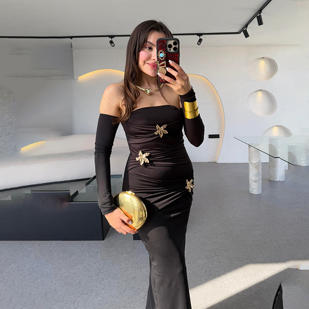 Plissiertes Langarm Damenkleid Modisch Sexy Etui Enges Kleid