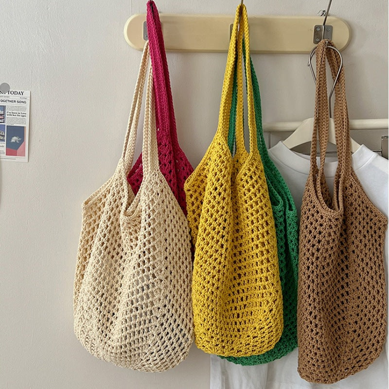Sac tissé en fil de coton de grande capacité décontracté, sac de paille creux ajouré, sac à bandoulière décontracté, sac de plage de vacances, sac pour femmes