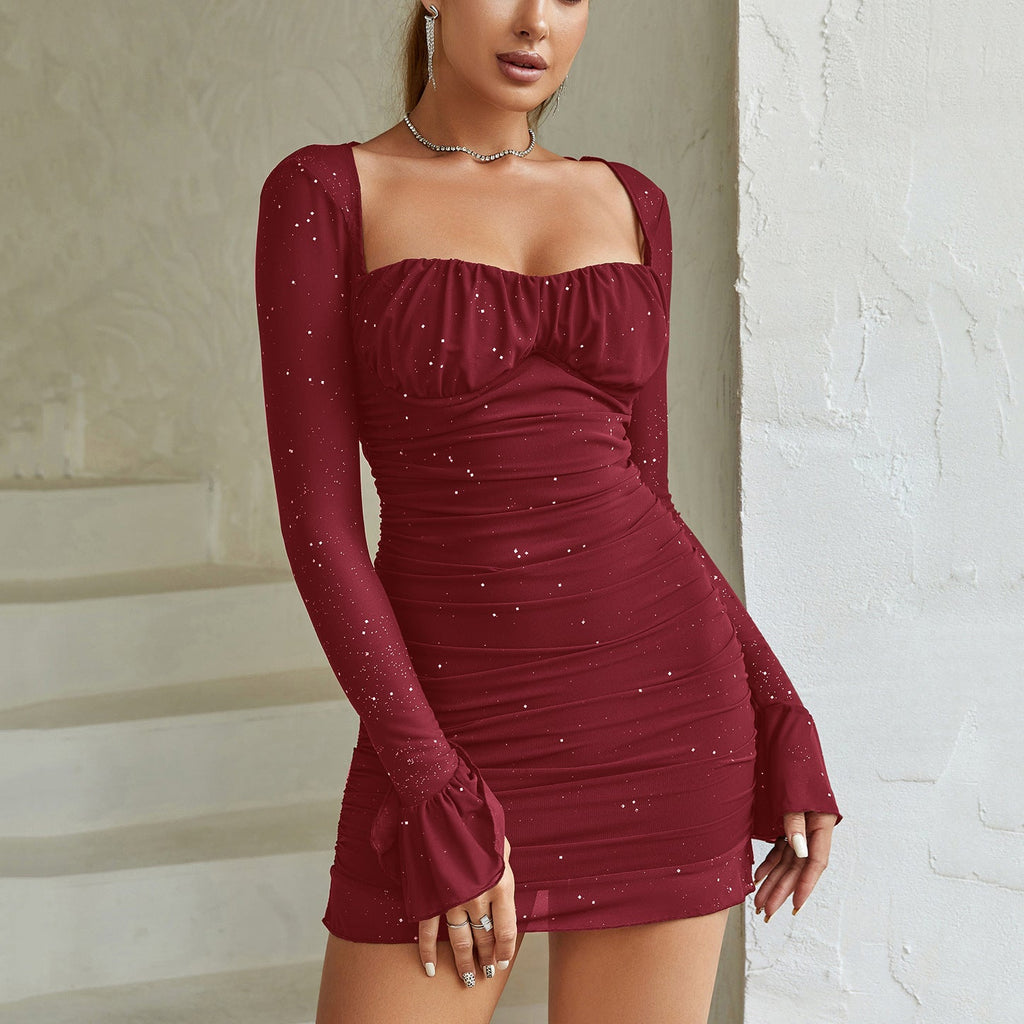 Mesh-Langarmkleid, sexy, transparent, mit Stahlring, Pailletten, eckiger Kragen, rückenfreies Kleid