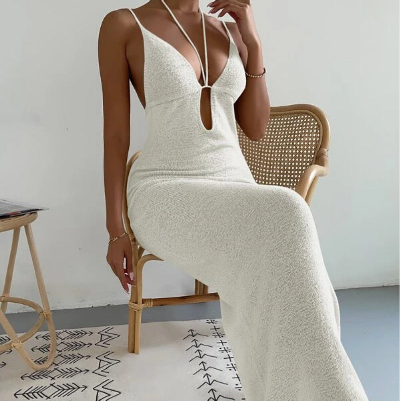 Damen Kleidung Sexy Cutout Schnürung Neckholder Spaghettiträger Naht Maxi Kleid Damen