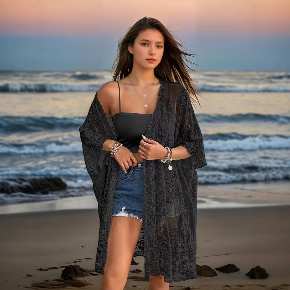 Vêtements féminins Sexy Transparent Dentelle Soluble à l'eau Brodé Cardigan Bikini de plage Chemisier de protection solaire