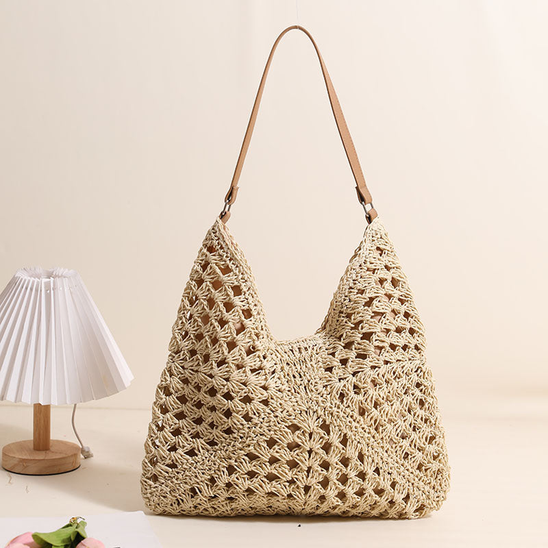 Sac de plage pour femme en paille tressée, creux, découpé aux épaules, forme triangle, grande capacité