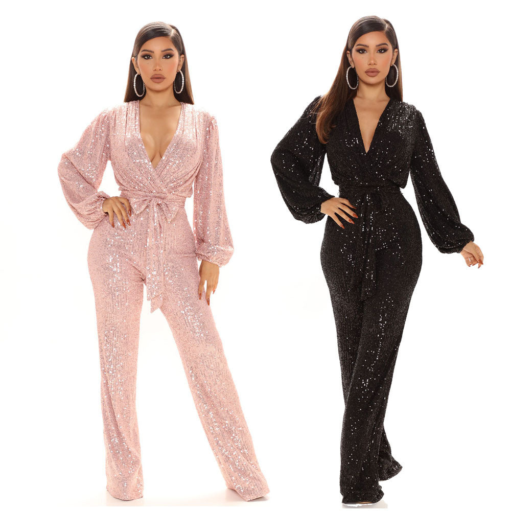 Combinaison pantalon femme haut de gamme d'automne, avec paillettes, décolleté en V profond et manches longues