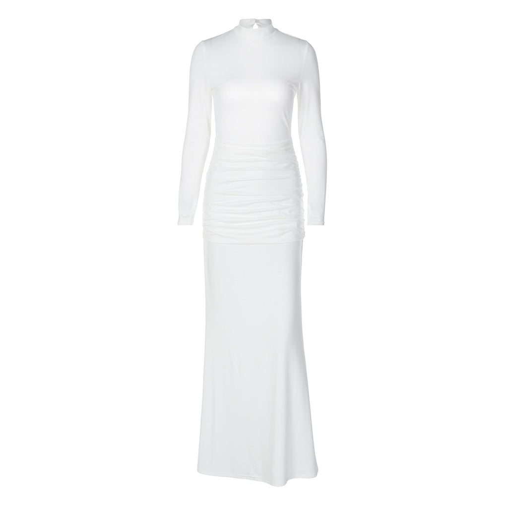 Damenkleidung Herbst Einfarbig Langarm Slim Fit Fishtail-Kleid Rückenfreies Kleid mit Knopfleiste Damen