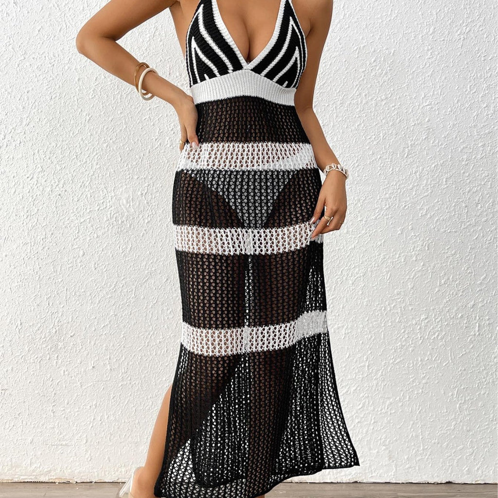 Damenkleid Damenbekleidung Farbkontrast Patchwork Trägerrock Gebundenes figurbetontes Kleid Strandüberwurf