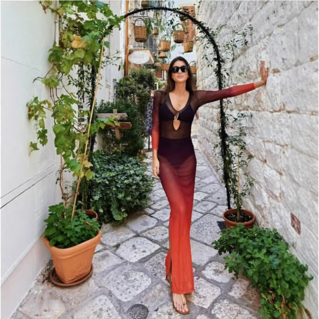 Frühling Sommer Farbkontrast Farbverlauf Transparent Hohl Cut-out Schlitz Strandkleid