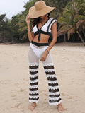 Ensemble Deux Pièces Femme Plage Vêtements Couture Sexy Décolleté Plongeant Haut Noué Pantalon Évasé