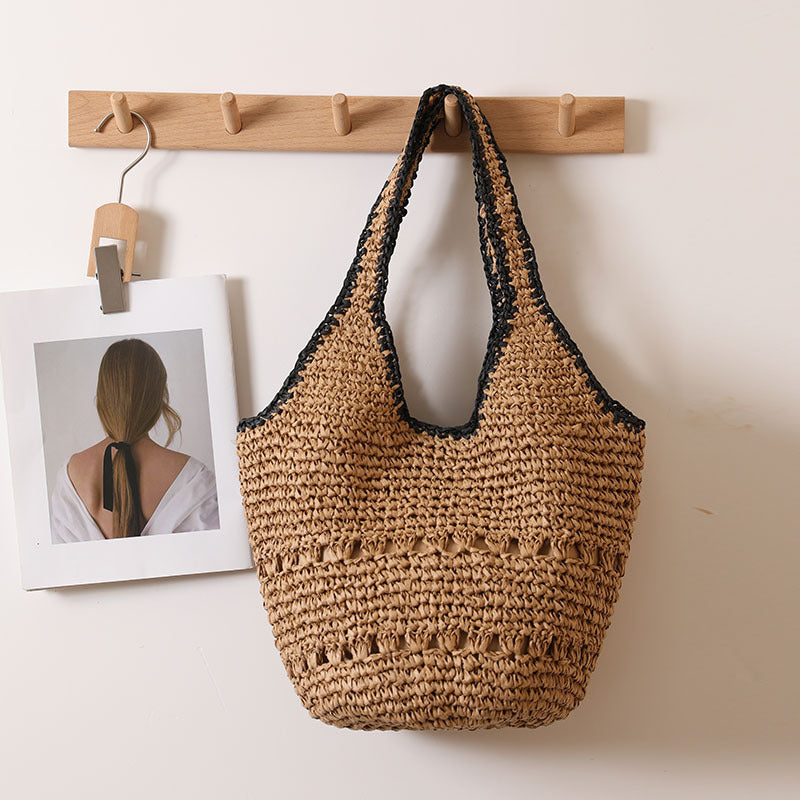 Große Strohtasche mit Schulterriemen, legere, ausgehöhlte, tragbare Strohtasche, gewebte Tasche, Damen-Strandtasche für den Urlaub