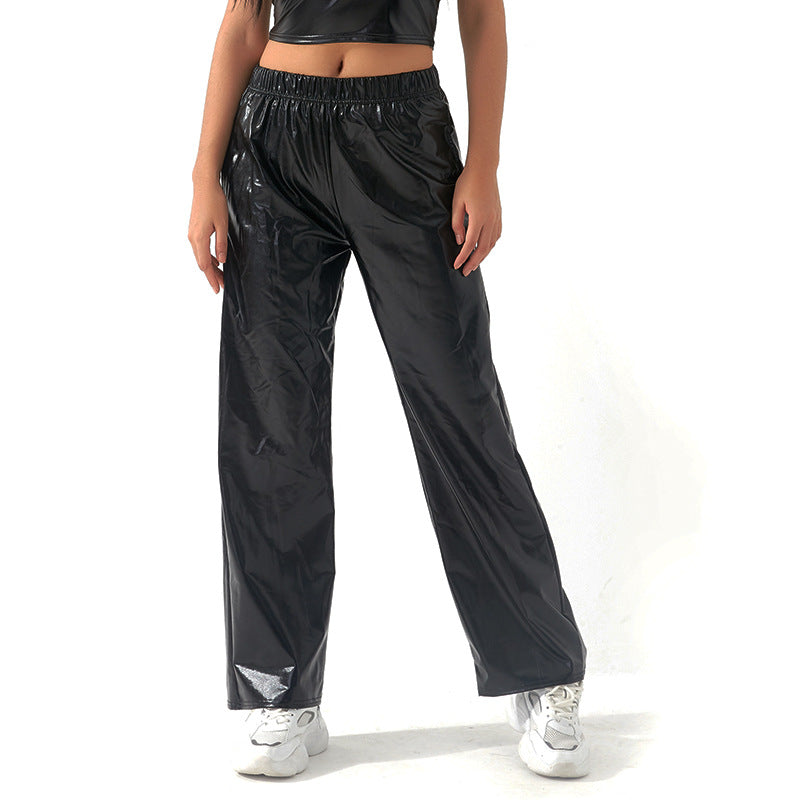 Metallisch beschichtete Stoff Freizeithose Damen High Street Design Aurora Laser Gradient Hohe Taille Gerade Hose All Matching Elastische Mop-Hose