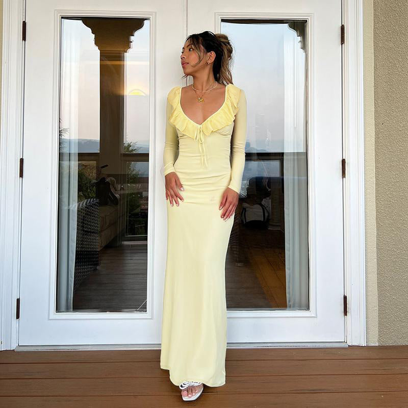 Sexy Rüschen Langarm Enges Stretchkleid Herbst Hüftkleid