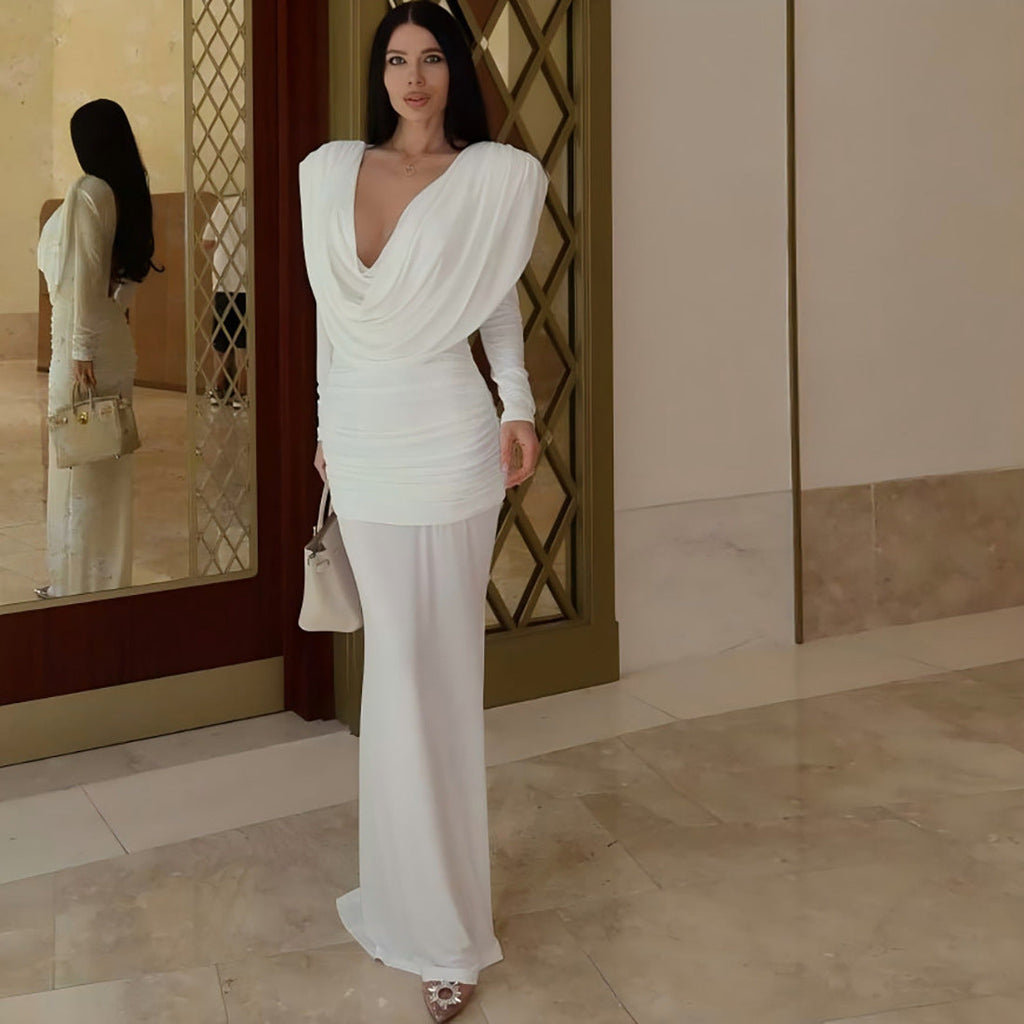 Robe longue plissée à manches longues unie, col décontracté, dos nu, coupe ajustée, pour femme, collection automne