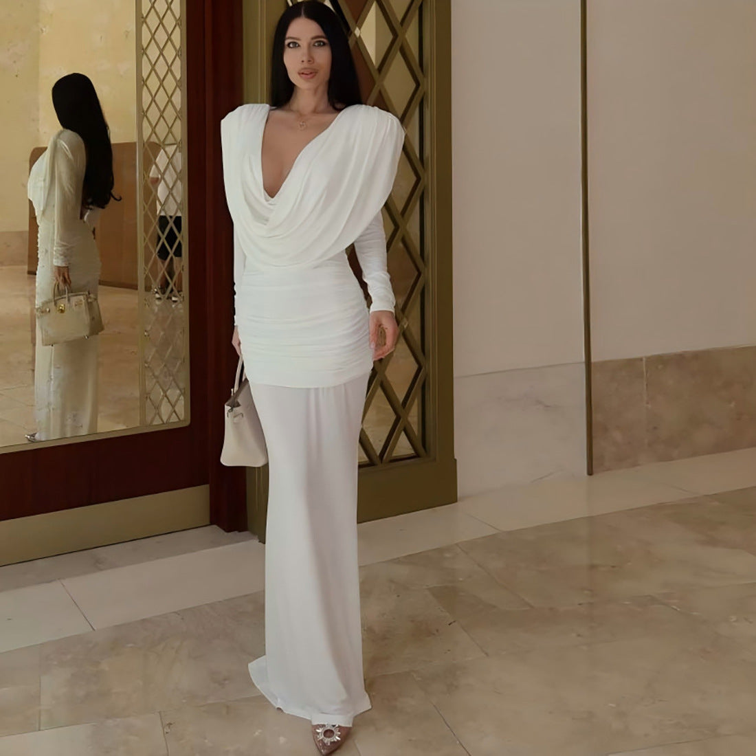 Robe longue plissée à manches longues unie, col décontracté, dos nu, coupe ajustée, pour femme, collection automne