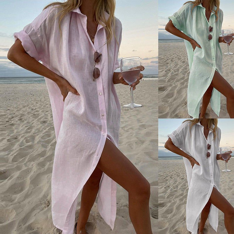 Robe chemise mi-longue en coton et lin unie décontractée à manches longues pour femme