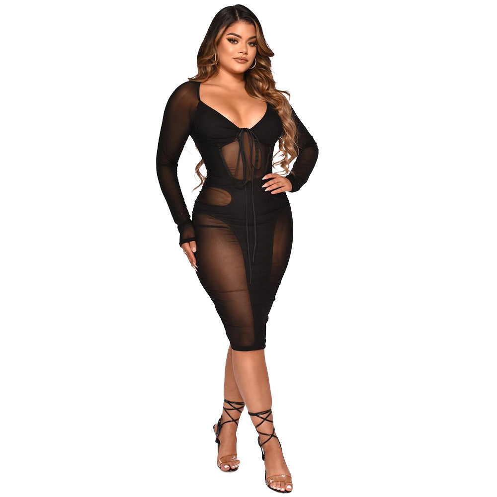 Damenbekleidung Sexy Mesh-Patchwork Transparente gebundene Kleid Damen