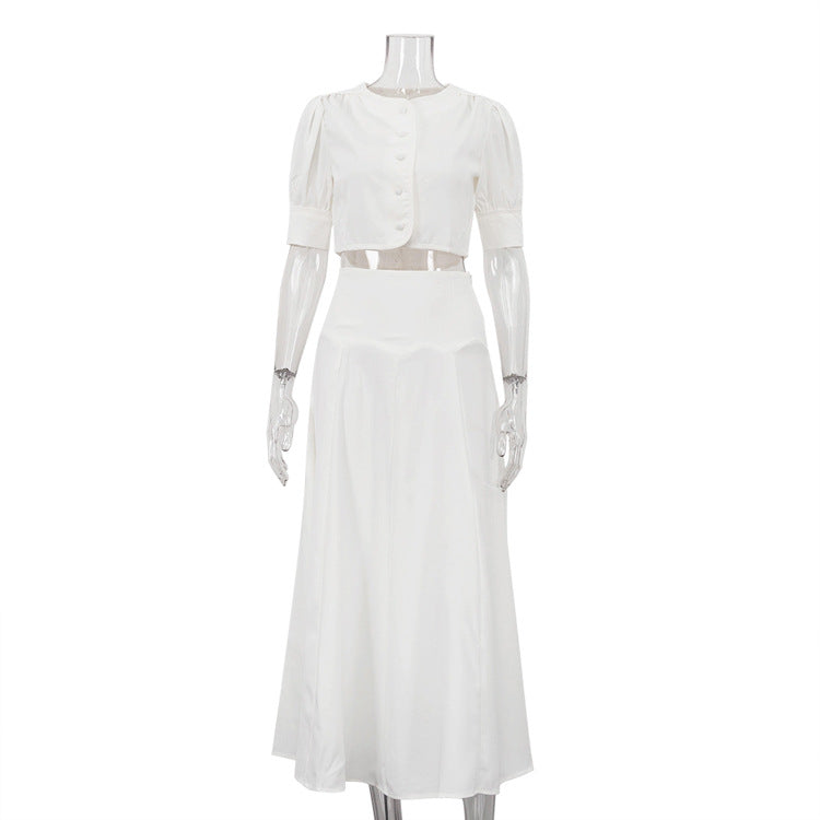 Ensemble jupe en satin haut de gamme pour femme, haut cardigan à manches courtes et col rond, élégant ensemble deux pièces