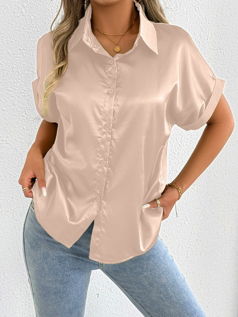 Damenkleidung Sommer Blaue Satin-Bluse Damen Satin-Hemd