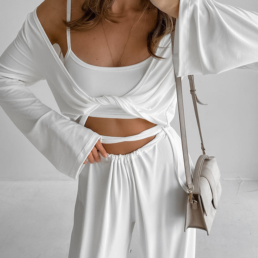 Trägertop Hose Langarm Dreiteiliger Set Bequemer Pyjama Herbst Strick Freizeit Hausanzug