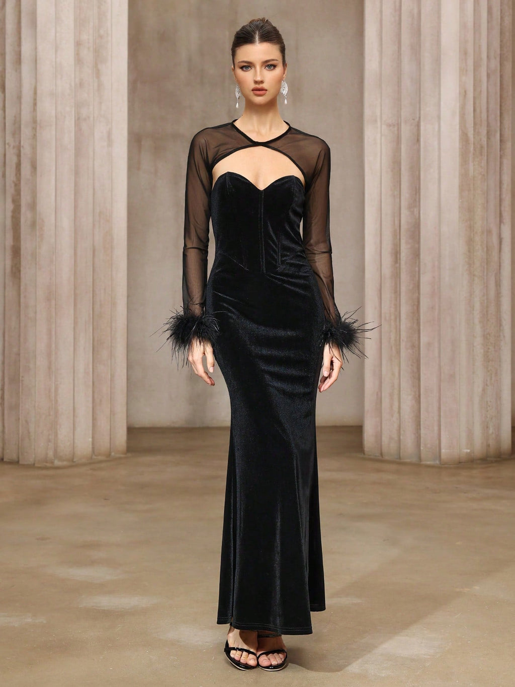 Robe Deux Pièces Haut en Mesh Semi-Transparent Robe Bustier en Velours Dîner Léger Luxe Cheongsam
