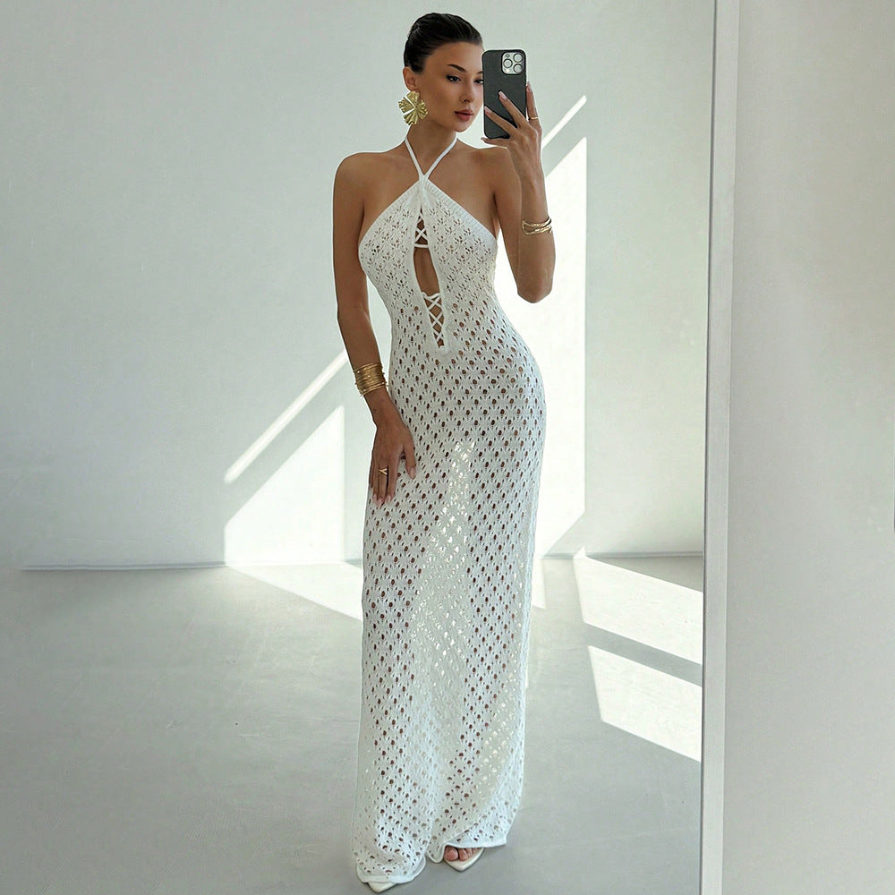 Sommer sexy Cutout Strickstrandrock Bikini Badeanzug einfarbiges Kleid Damen