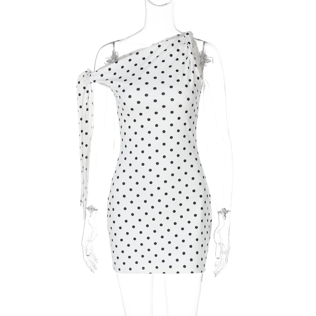 Robe Femme Printemps Été Sexy à Pois Imprimée Épaules Nouées Coupe Cintrée Moulante