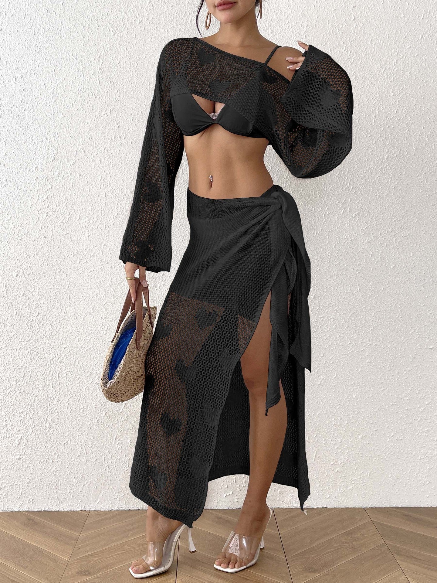 Damen Strandanzug Sexy Cut-Out Herz Jacquard Gewebte Überbekleidung Top Schnürrock Zweiteiler