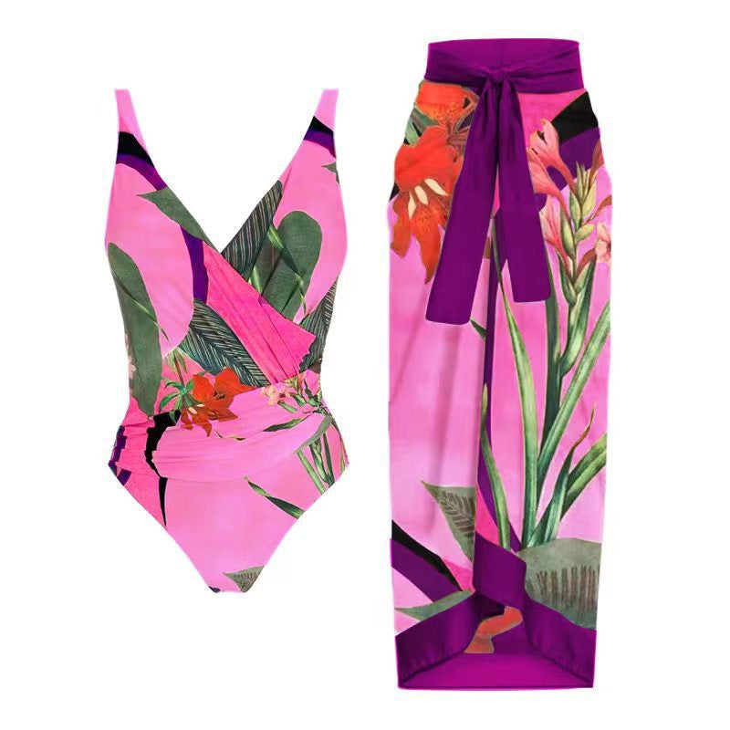 Zweiteiliger Bikini-Set, bauchbedeckend, bedrucktes, rückenfreies Scheidenkleid, Badeanzug