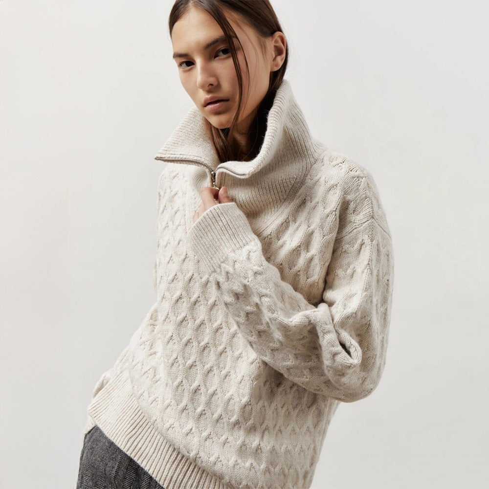 Rollkragenpullover halber Reißverschluss Damen Herbst Winter Koreanische Faule Strickware Dicke Nadel Gestrickter Pullover