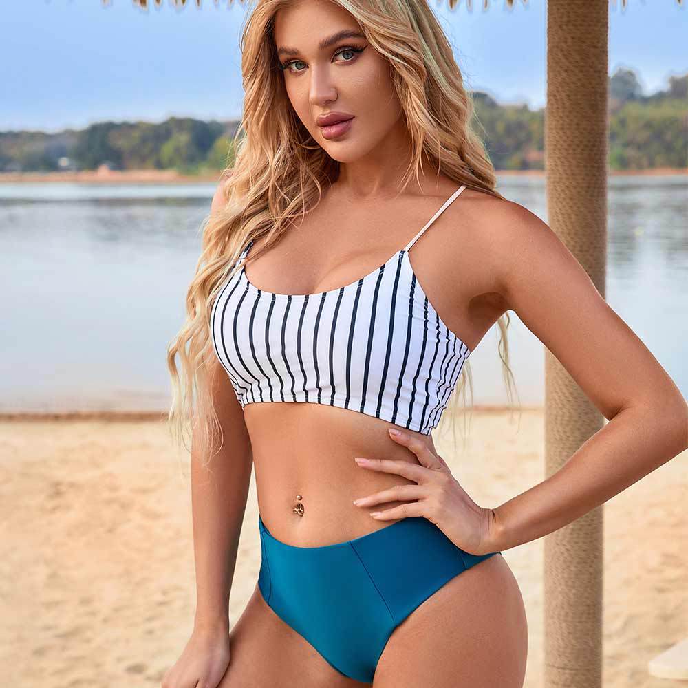 Maillot de bain femme taille haute bikini fendu maillot de bain moulant rayé vacances à la plage bikini