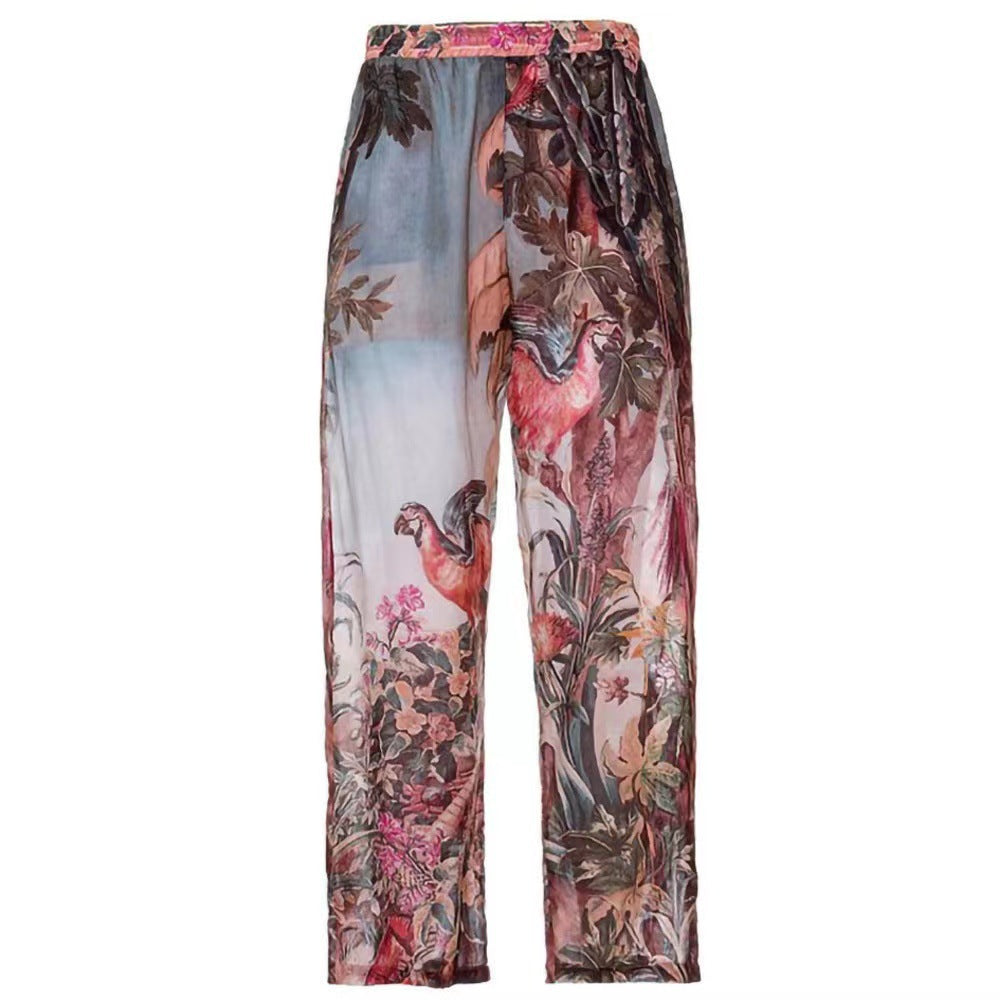 Frühlings-Einteiler-Badeanzug, sexy, mit Aufdruck, Netzstoff, hohe Taille, Hosen-Bikini