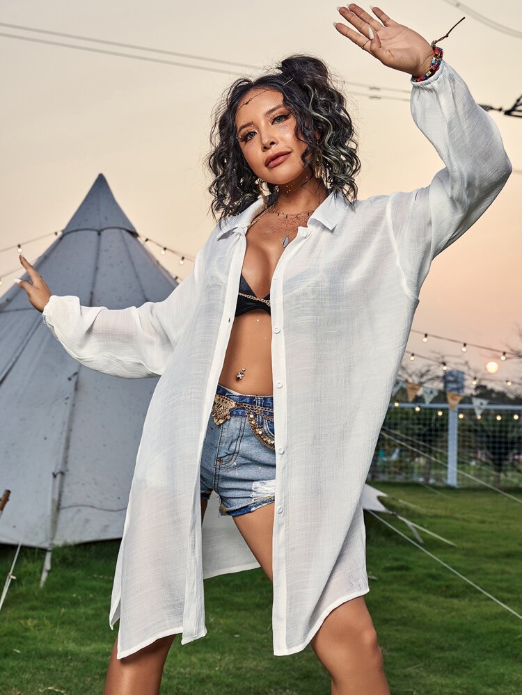 Baumwoll-Langarmshirt Strand vertuschen Urlaub Sonnenschutz Shirt Bikini Badeanzug Oberbekleidung Cardigan