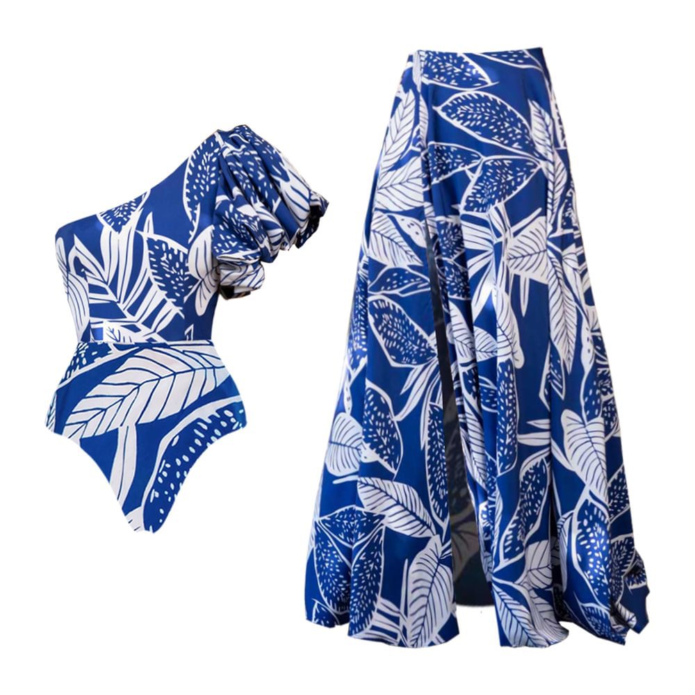 One Shoulder Bubble Sleeve Printed One Piece Swimsuit Women