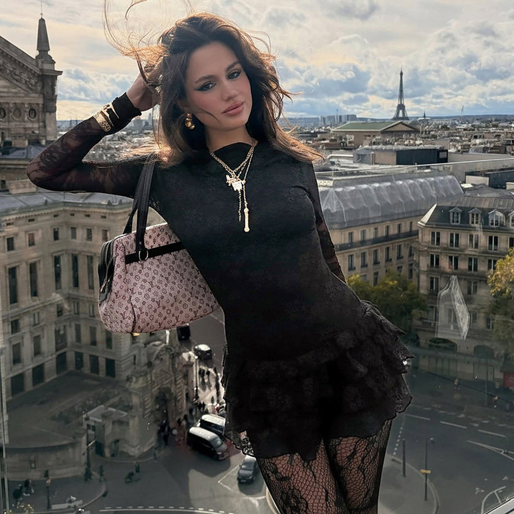 Robe Femme Sexy et Serre, Manches Longues, Transparente en Dentelle, Couches, Col Rond, Taille Ajustée, Coupe Trapèze
