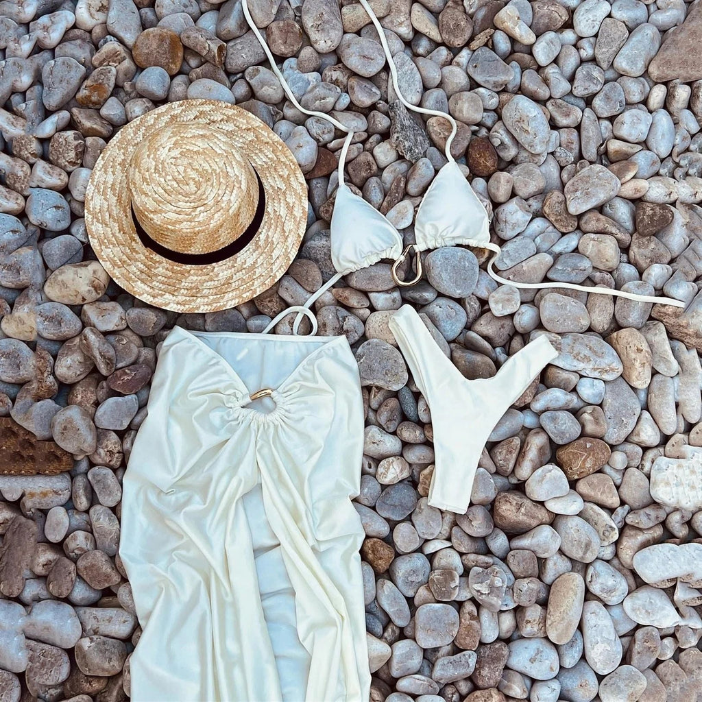 Bikini mit Kordelzug, gebänderter Bikini, dreiteiliger Badeanzug, Damen, Split, hoher Beinausschnitt, Dreiecks-Badeanzug