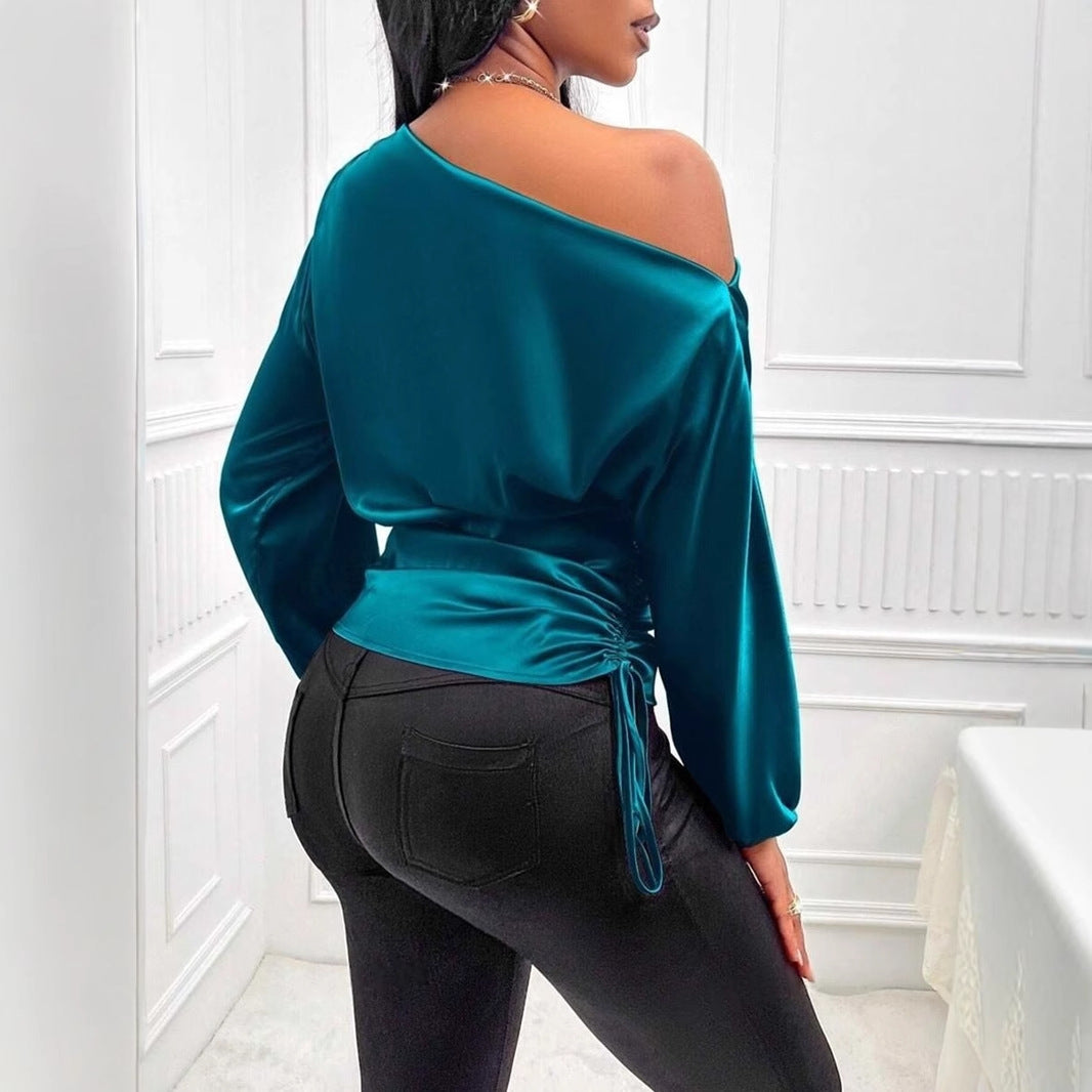 Damen Kleidung Satinhemd Herbst Winter Asymmetrisches Langarm-Oberteil mit diagonalem Kragen