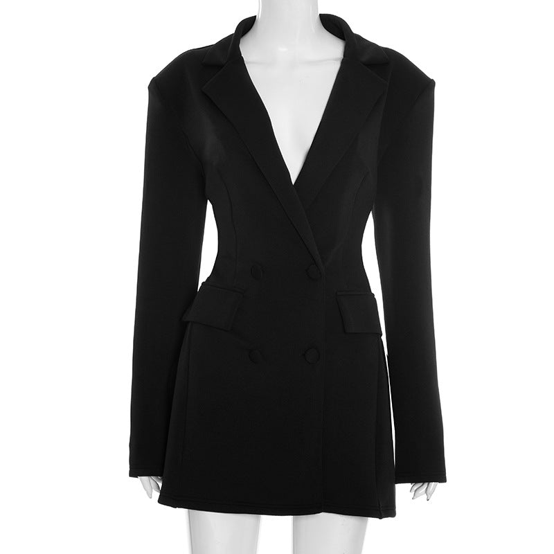 Robe Femme Col Rond Manches Longues Couleur Unie Décontractée Slim Faux Boutons Poches en Forme de Bourgeon Robe de Costume