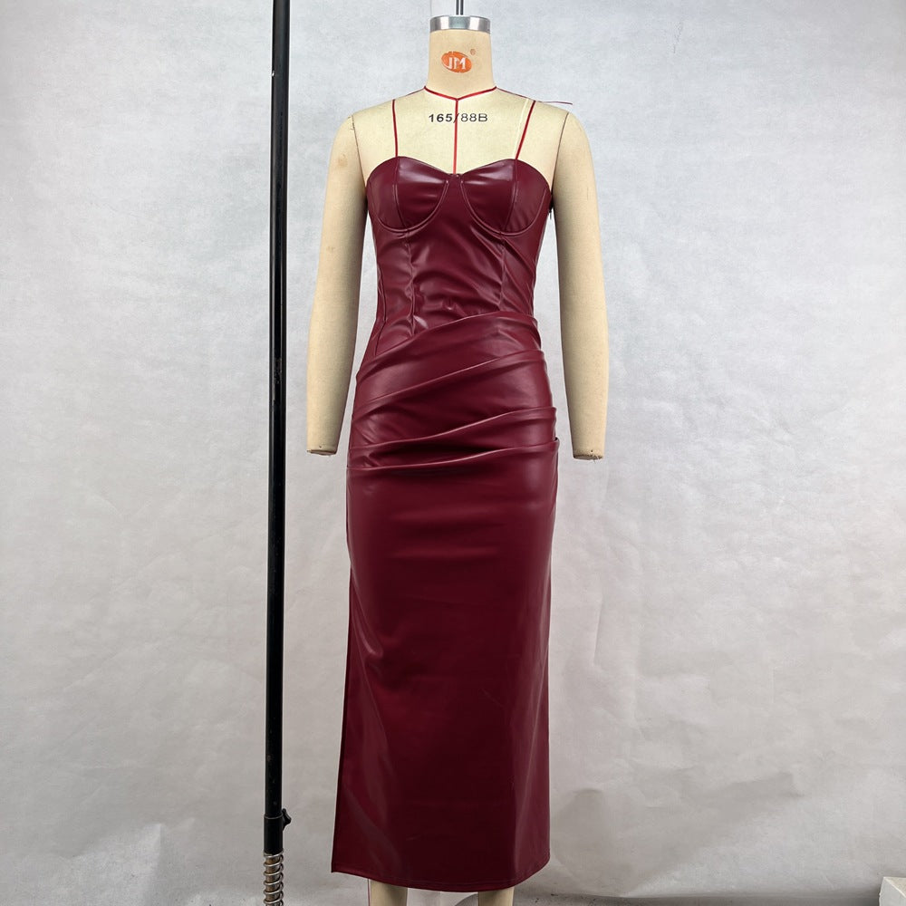 Damenbekleidung Elegantes sexy Schlauchtop-Kleid aus Kunstleder mit Trägern und seitlichem Schlitz