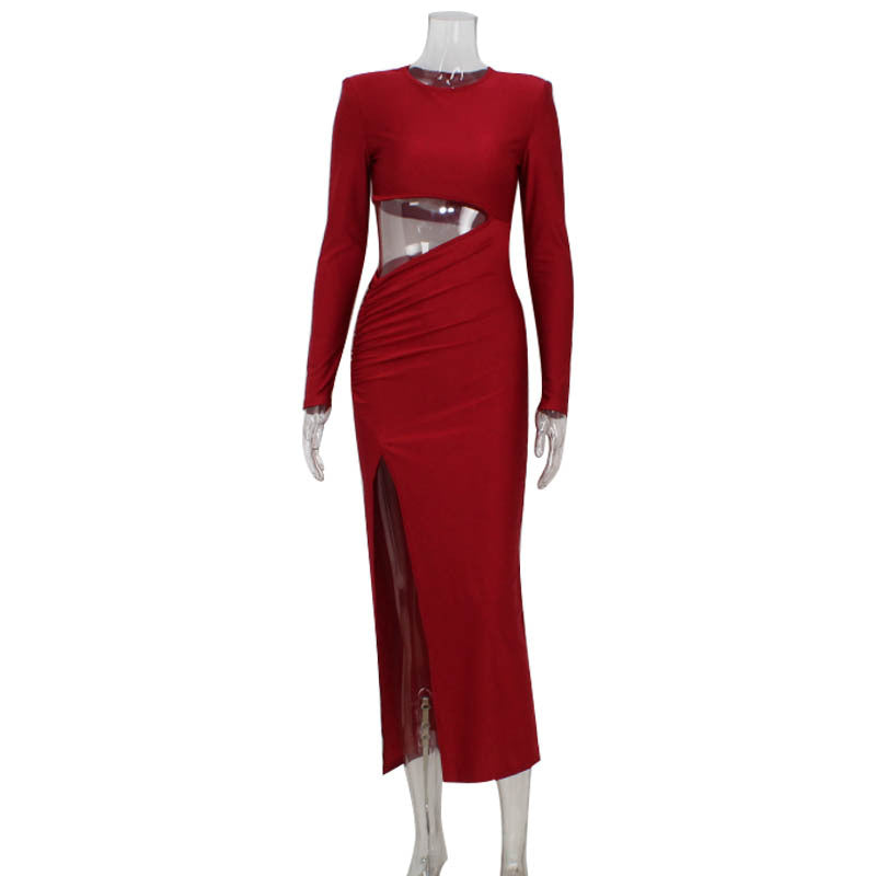 Elegantes Damen-Kleid, Rundhals, Langarm, durchbrochen, Cut-Out, geschlitzt, Rot, Retro, schmal geschnitten, sexy