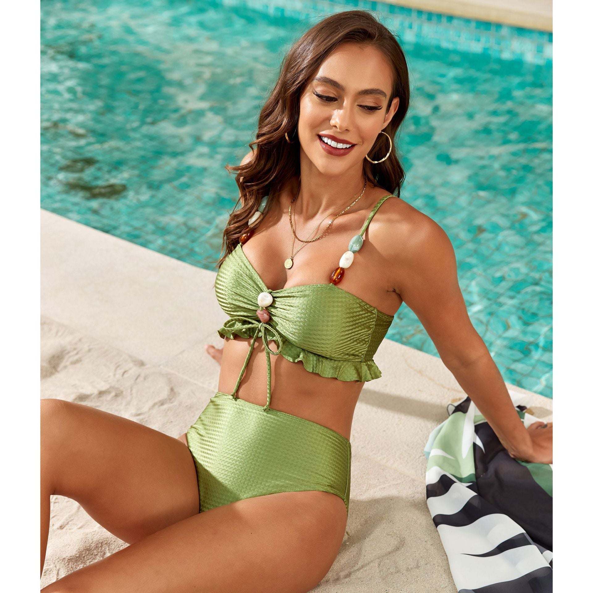 Perlen-Tether-Split-Badeanzug Damen dreiteilige Sets Bikini