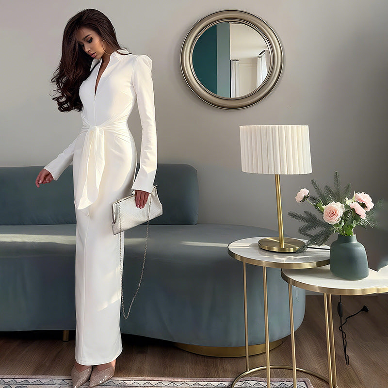 Damen Herbstkleid Einfarbig Kragen Eng Anliegend Schlank Lange Ärmel Reißverschluss Zum Schnüren