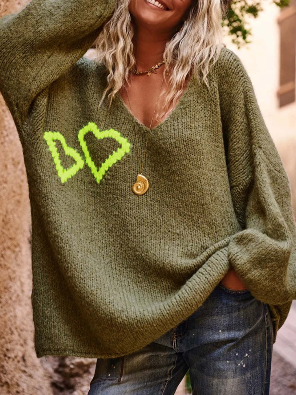 Pull col en V à motif d'amour automne hiver pour femme, décontracté, ample, à manches longues