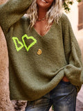 Pull col en V à motif d'amour automne hiver pour femme, décontracté, ample, à manches longues