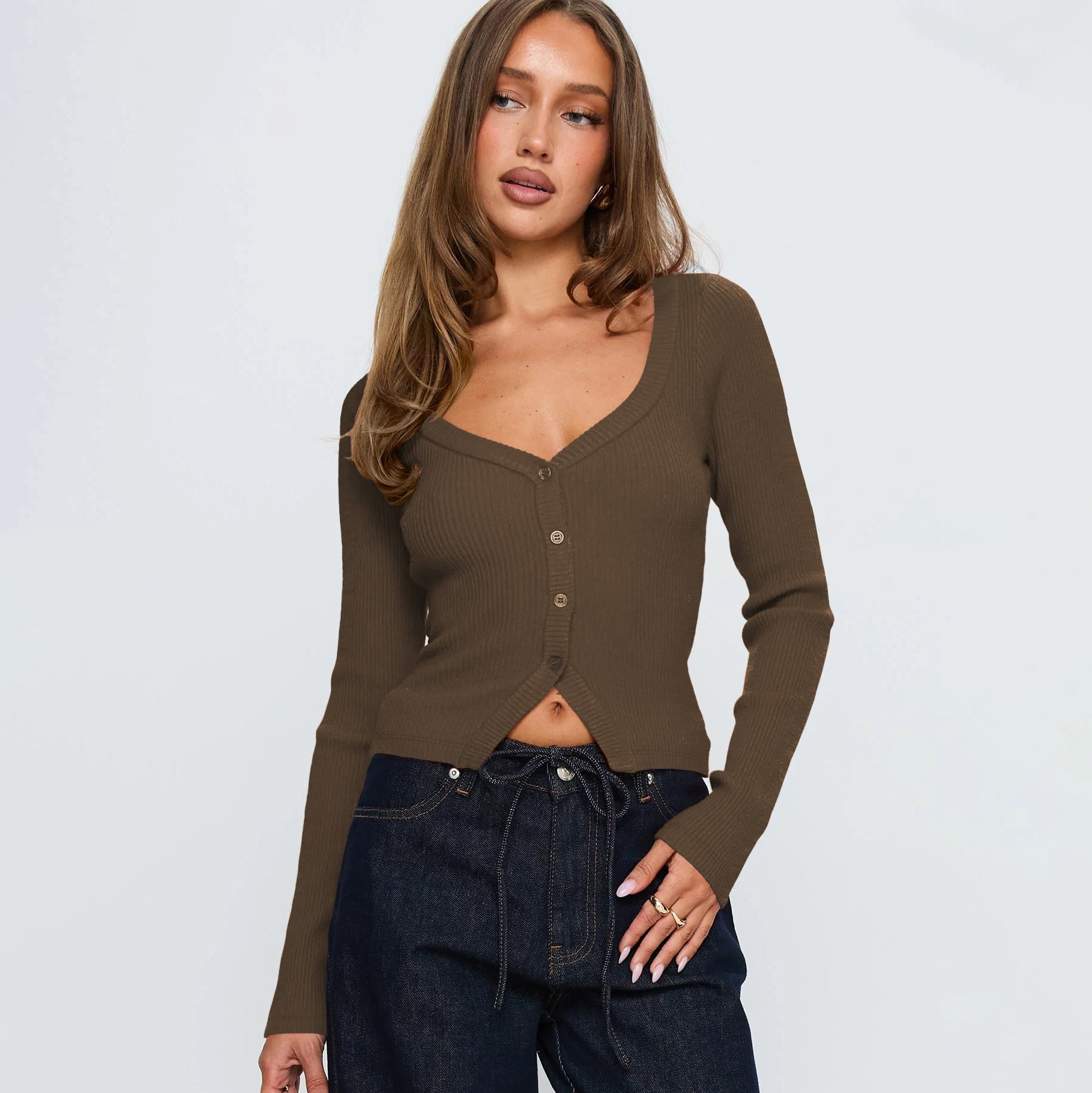 Damen Herbst Winter V-Ausschnitt Langarm Rippstrick Knopf Cardigan Schmale Passform