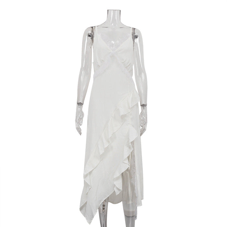Französisches Design, unregelmäßiger, asymmetrischer Saum, rückenfreies, sexy Kleid, Damen-Spitzen-Patchwork, ärmelloses Cami-Kleid