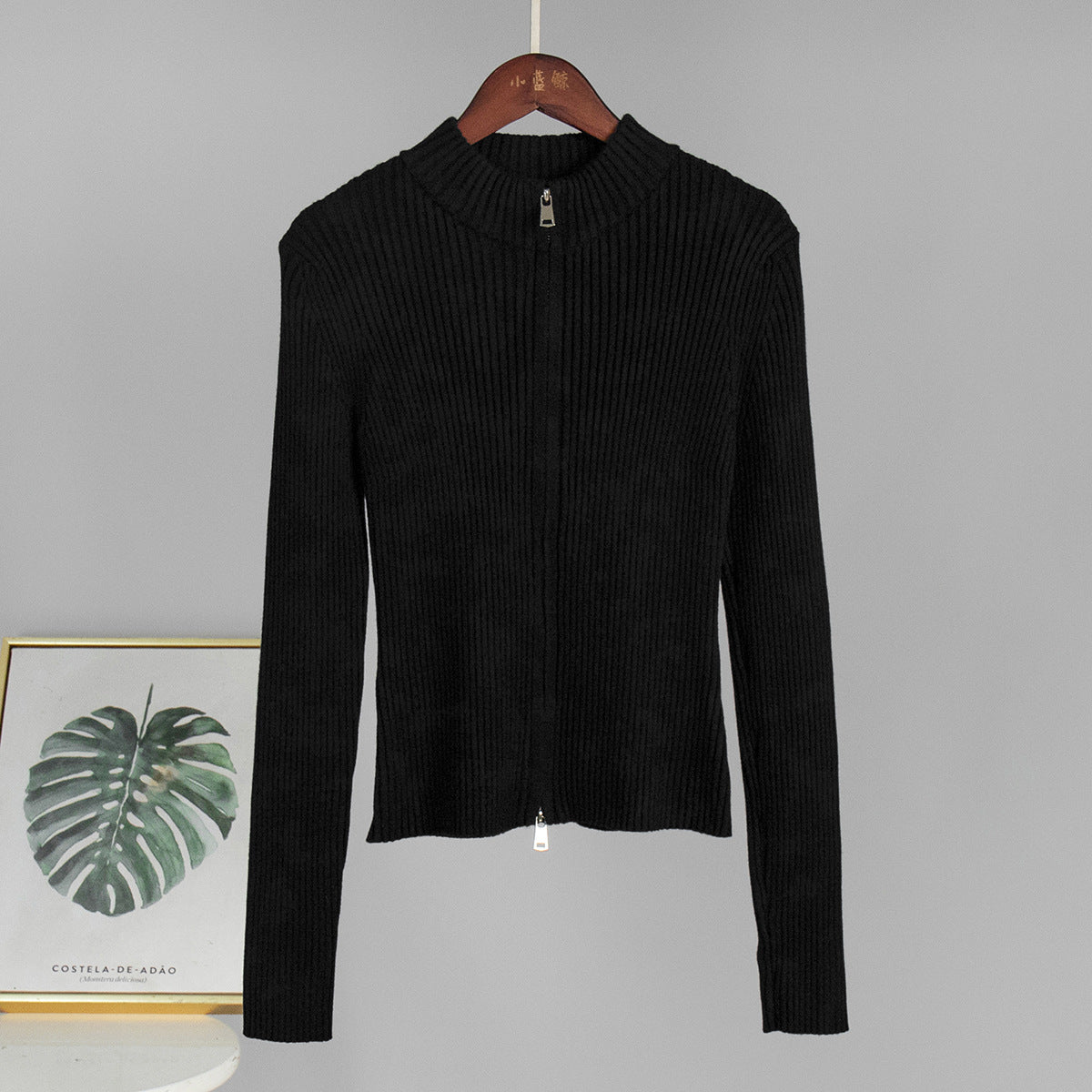 Stehkragen Slim Fit Langarm-Mantel Herbst Winter Doppelreißverschluss Strickjacke Thermostrick-Mantel für Damen