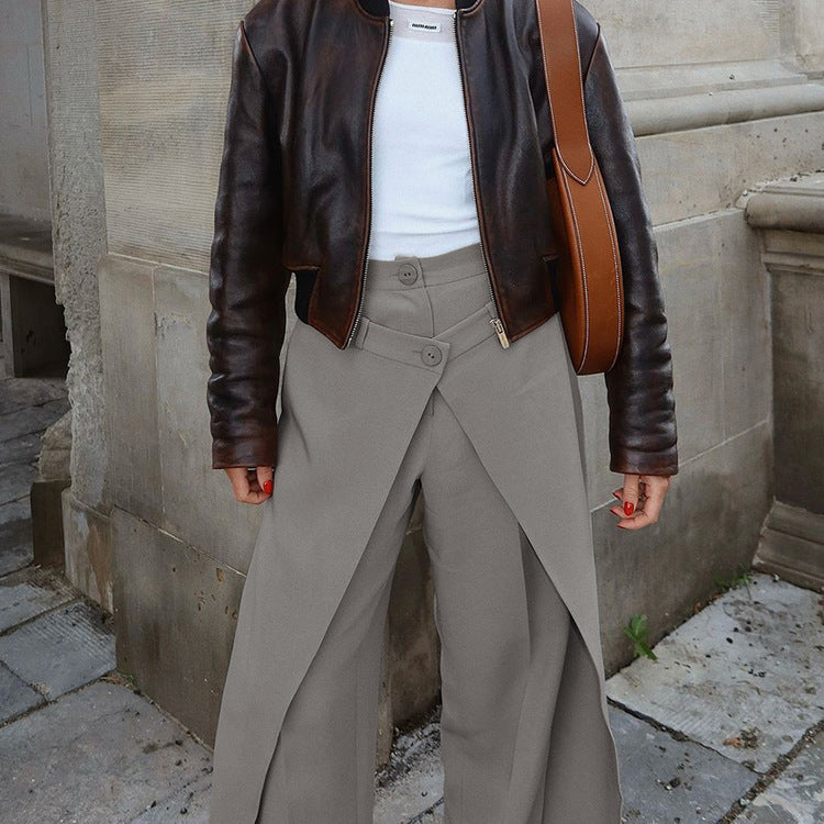 Pantalon ample taille haute asymétrique et irrégulier pour femme, style français, printemps
