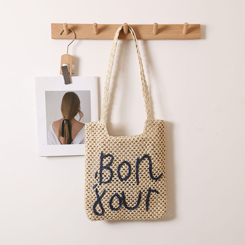 Buchstaben-Grafik-Stickerei One-Shoulder-Strohtasche Ausgehöhlte Strohtasche Gewebte Tasche Urlaub Strandtasche Damentasche