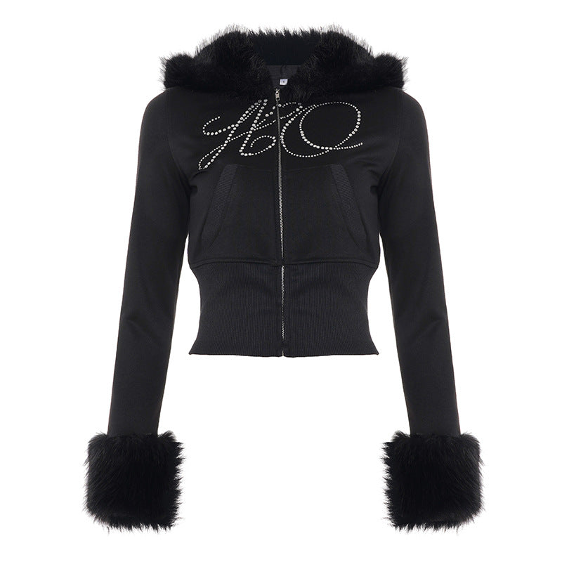 Herbst Winter Freizeit Flauschig Langärmliger Reißverschluss-Pullover Mantel Buchstaben-Grafik Strass-Jogginghose Zweiteilige Sets